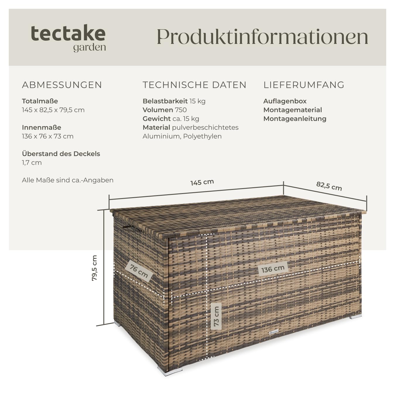 tectake Auflagenbox 750L Wetterfest mit Deckel Gartenbox