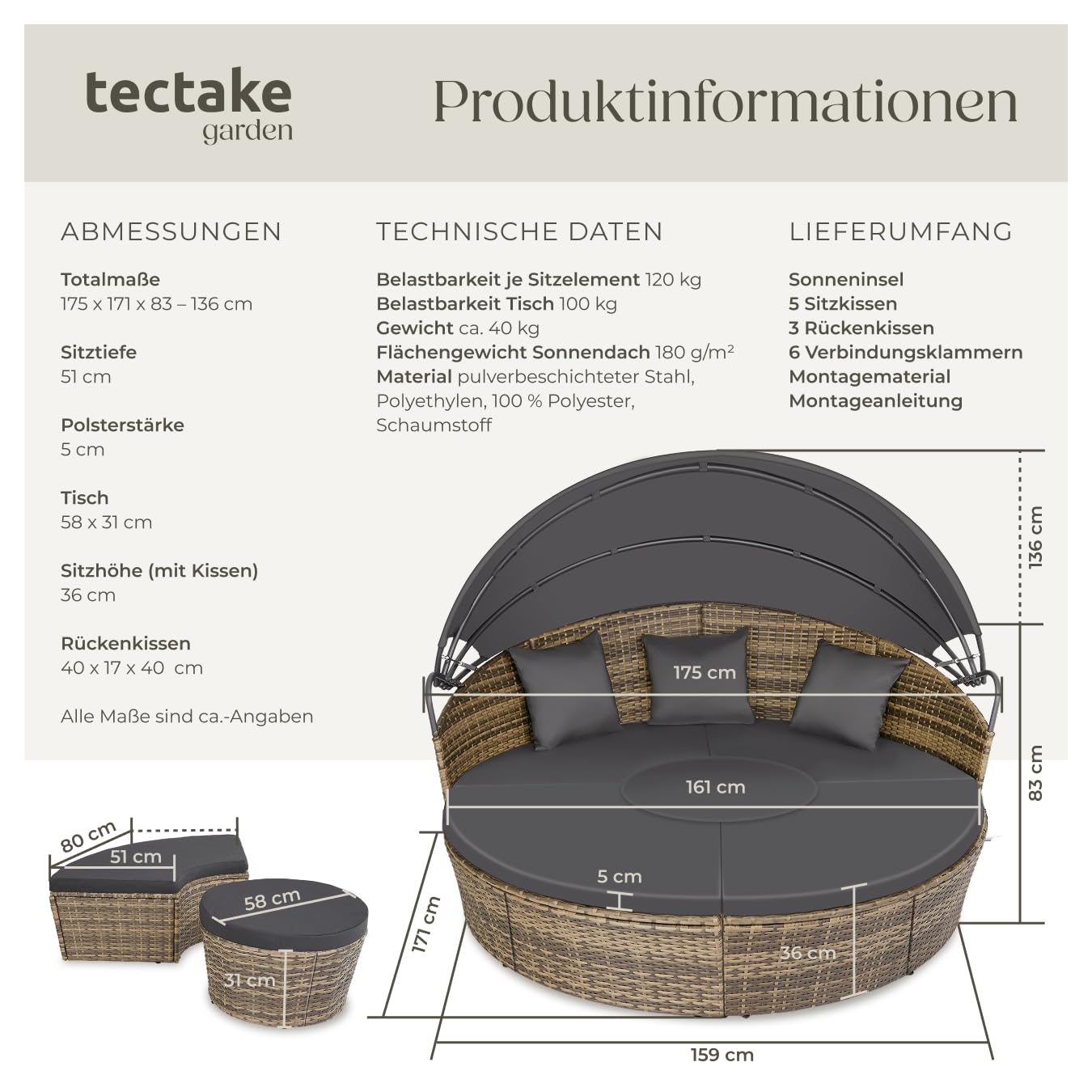 tectake Lounge Sonneninsel Outdoor Wetterfest Balkon