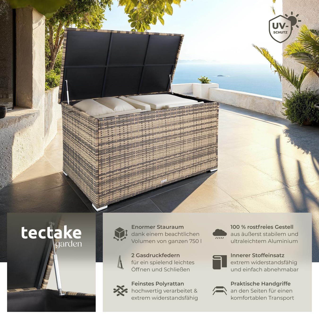 tectake Auflagenbox 750L Wetterfest mit Deckel Gartenbox