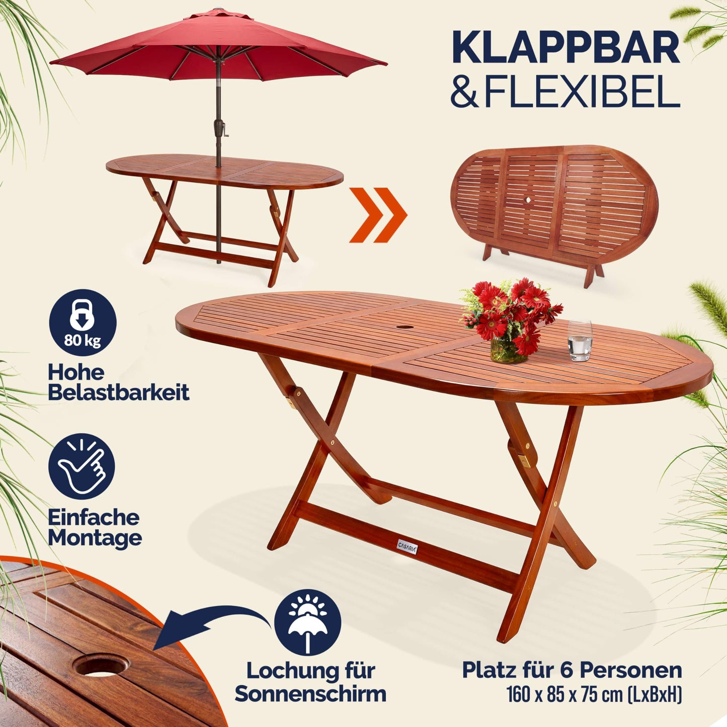 Casaria Klapptisch Garten 160x85 cm FSC Holz Tisch